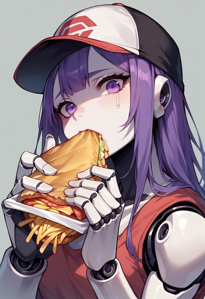 to use, android, robot, mechanical arm, bright, purple eyes, purple hair, cap, eat french fries