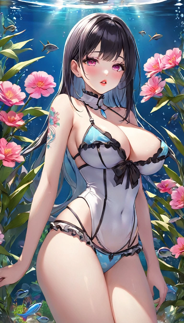 {{{{{16k}}}}}, {{{{{She is in her prime as a woman in terms of body and sex appeal, and her overwhelmingly attractive aura and superior eye contact make men melt down with her technical petting using her tongue, transforming a Japanese girl with a cutely pussy into her facial rank to the SSS rank of top-notch pretty actresses, She's in a cylindrical aquarium filled with female hormone fluid with a control panel that allows her to change the shape and appearance and personality of the girl inside at will, The oil of glowing flowers is poured into the aquarium and she is turned into a beautiful herbarium, When the control panel under the aquarium was adjusted to a innocent beautiful big-breasted with tight cleavage slender underbusted personality girl her appearance changed to a cutely innocent and gentle look, She was a but after being locked in a aquarium for four years and injected daily with beauty-enhancing hormones she grew into a 16-year-old girl purd fetish for lips and necks and waistlines, The lush growing tits and waistline of a 16 year old ripen quickly when the control panel is moved to a 20 year old and we see her in her prime as a woman, her clearer nip line from underbust to hips, she grew up she became pretty face like an idol, Her too-beautiful rounded tits wrapped in her separates frills pastel colored bikini, Her hair is replaced by a bang long glossy very Straight black hair, The growing body is reproduced with sex-loving, thick vivid lips, Her gasps echoing through the water, She transforms her into a cute once-in-a-millennium}}}}},{{Extremely detailed}},{{{{{integrated her head small, Enchanting Too thick and erotic deep pink lips, Her thickened lips shimmer with luster}}}}},{{{{{Her tattoos spread all over her body, She is tattooed with lewd flowers on her neck, arms, lower abdomen, thighs}}}}}