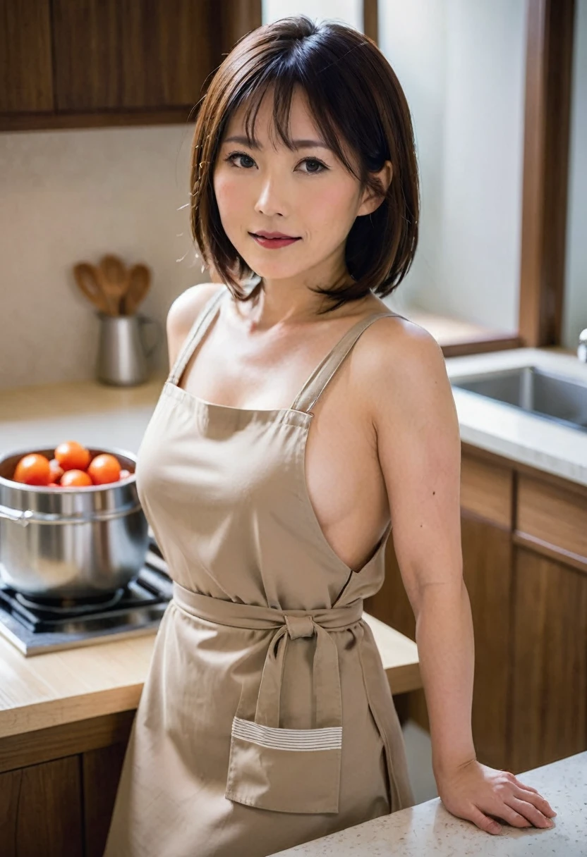 Japanese woman in her 40s、Sexy appearance、naked apron、kitchen、Bobcut