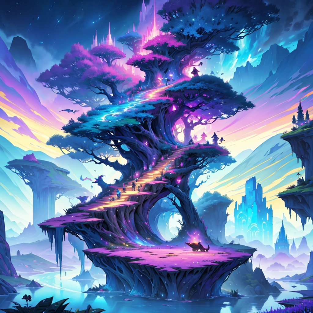Create an album cover with a fantasy theme, featuring a magical landscape with vibrant colors and a cute creature, similar to the Alays from Minecraft, in the foreground. The atmosphere should be epic and mysterious, evoking a sense of adventure and magic.