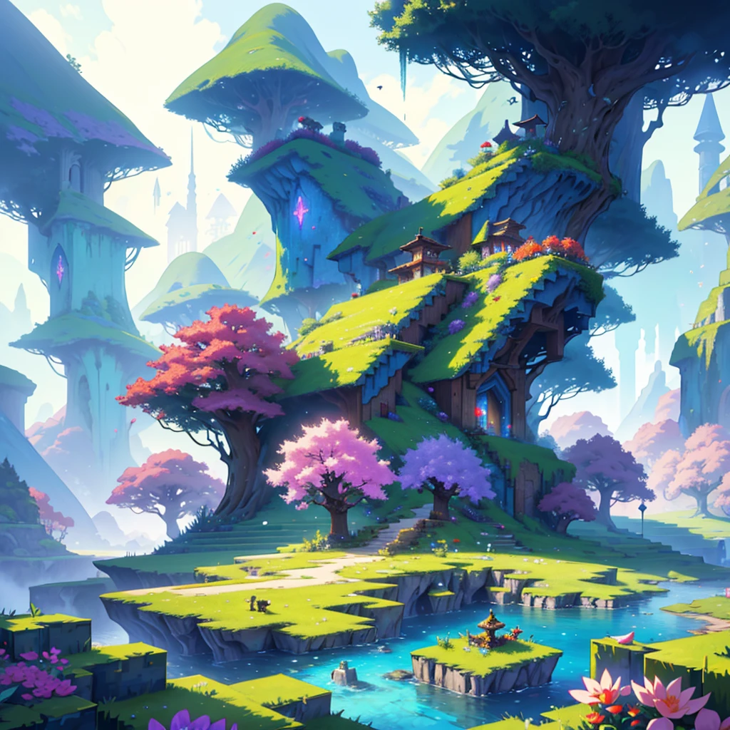 Create an album cover with a fantasy theme, featuring a magical landscape with vibrant colors and a cute creature, similar to the Alays from Minecraft, in the foreground. The atmosphere should be epic and mysterious, evoking a sense of adventure and magic.