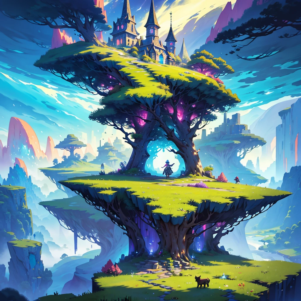 Create an album cover with a fantasy theme, featuring a magical landscape with vibrant colors and a cute creature, similar to the Alays from Minecraft, in the foreground. The atmosphere should be epic and mysterious, evoking a sense of adventure and magic.