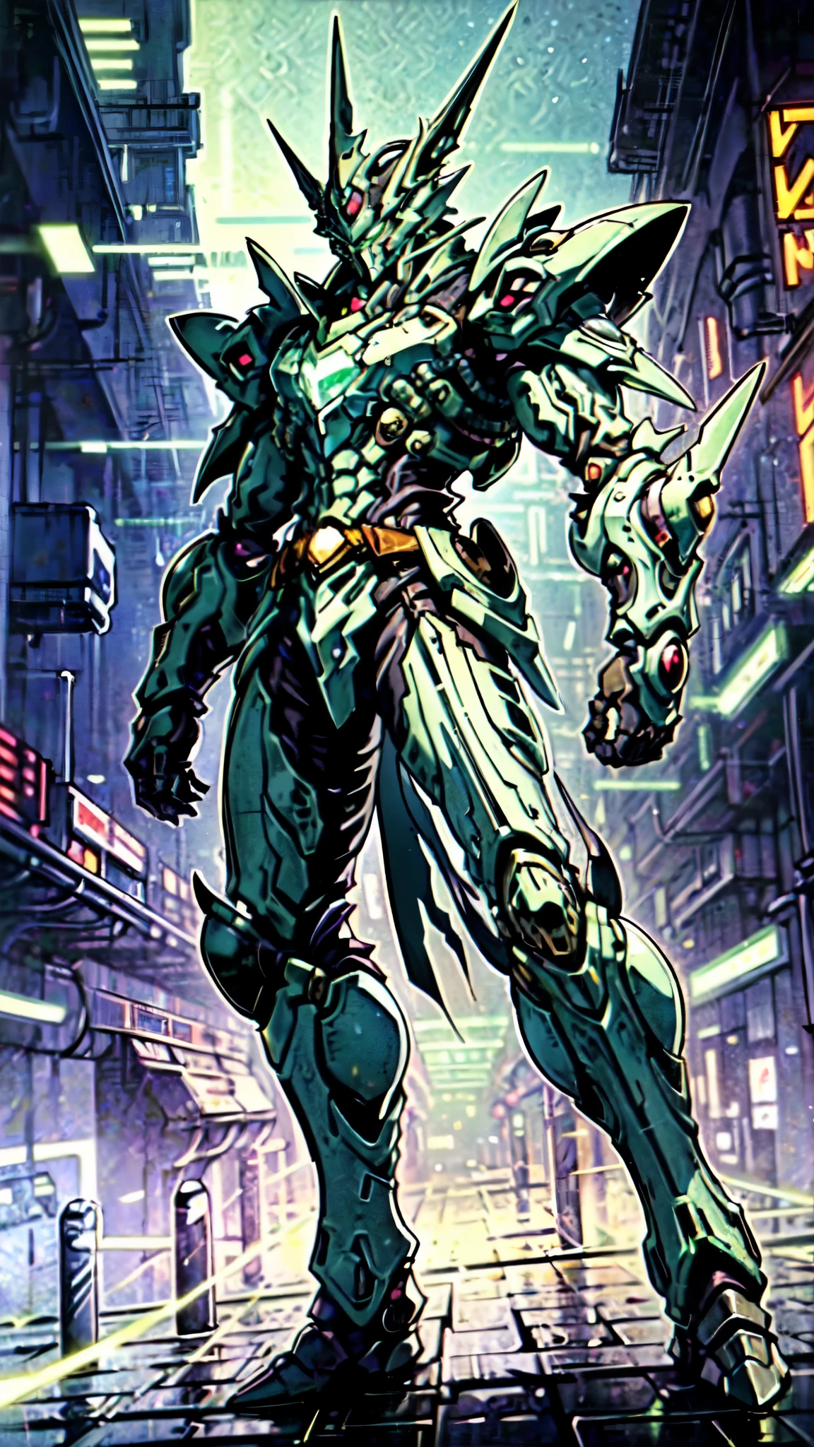 (masterpiece:1.5, best quality:1.5, extremely delicate:1.5, foreshortening:1.5, dynamic angle:1.5), a man wearing a full-face helmet, a fantasy-style biotech armored combat suit, green eyes, (a composite layered chest armor), fully enclosed shoulder guards, matching arm and leg guards, the belt is adorned with neon circuitry, (the color scheme is primarily red with black green accents), the design balances heavy with agility, a high-tech bio-mecha armor, (Armor Concept Inspired by neon Cyberpunk, stand on the top of a skyscraper in a futuristic sci-fi city), this character embodies a finely crafted fantasy-surreal style armored hero in anime style, exquisite and mature manga art style, (element, plasma, energy, the armor glows), ((male:1.5)), metallic, high definition, highres, ultra-detailed, ultra-fine painting, professional, perfect body proportions, golden ratio, anatomically correct, symmetrical face, extremely detailed eyes and face, high quality eyes, creativity, RAW photo, UHD, 32k, Natural light, cinematic lighting, masterpiece-anatomy-perfect