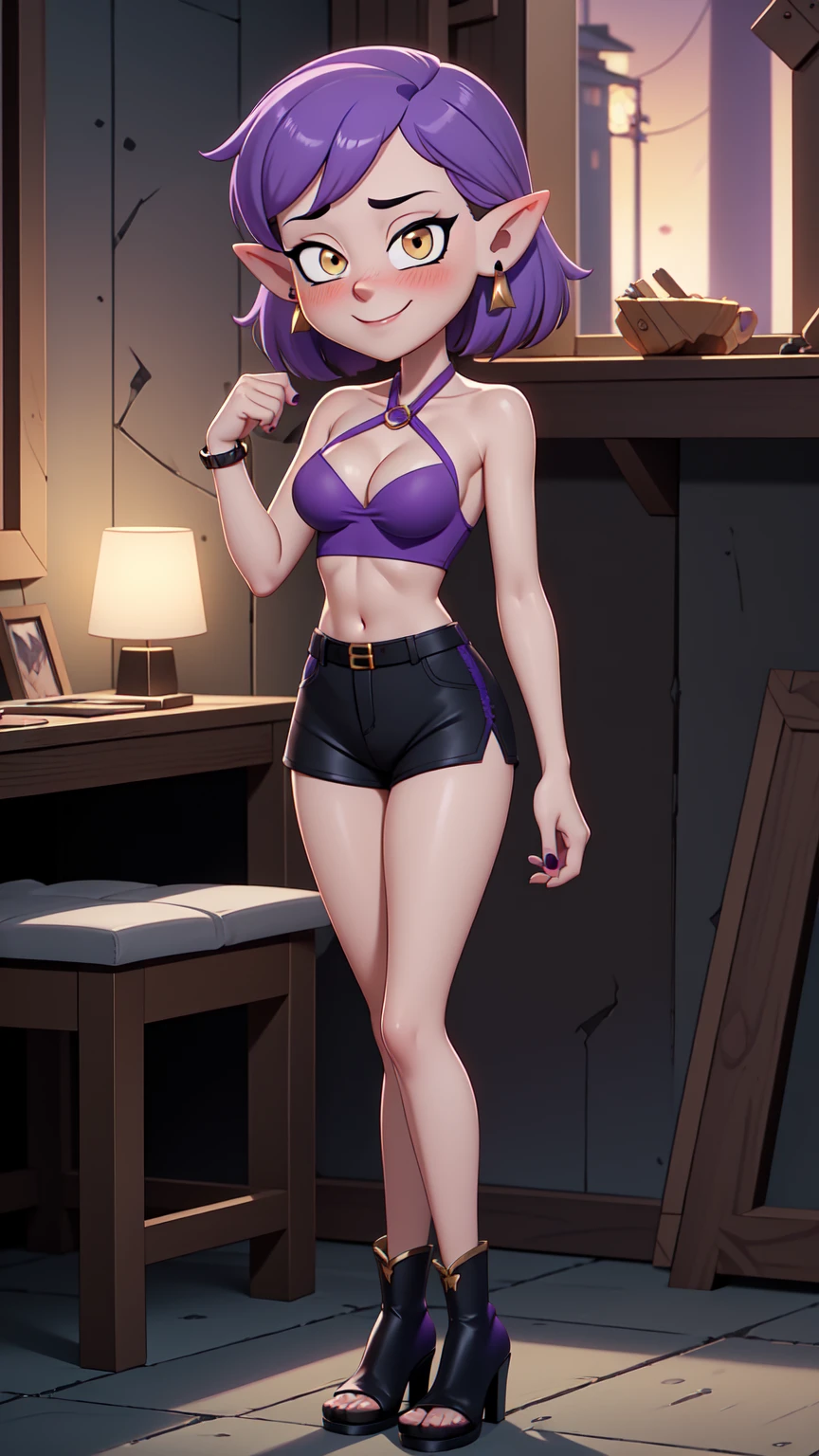 (masterpice, best quality), AmityBlight, short height, young, makeup, black earrings, yellow eyes, short hair, (purple hair:1.4), pointed ears, (((halter top))), small breasts, (cleavage),amulet, (tight shorts), standing, looking at viewer, seductive smile, naughty face, nose blush