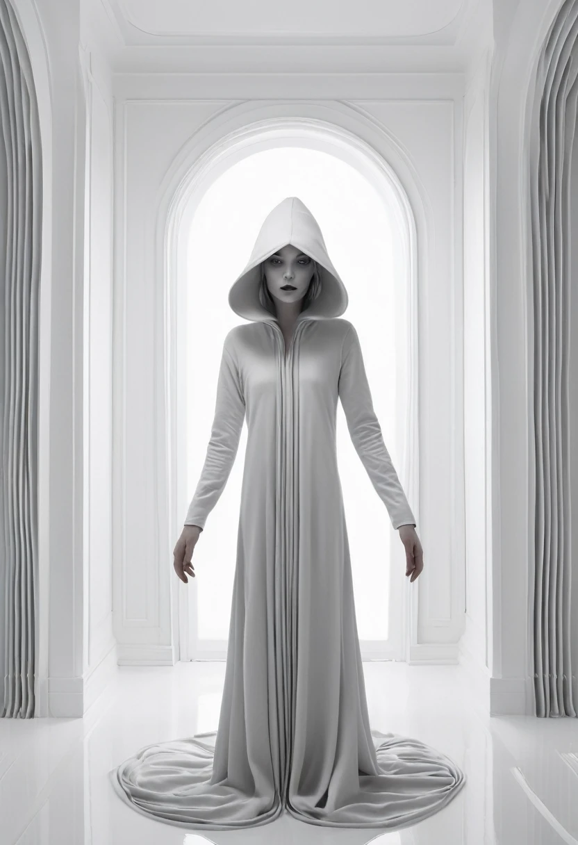 Create a mysterious creature, in white, gray, make it look really really weird weird, in a white room it should be small like 40% of the whole image, in style of the musician istasha