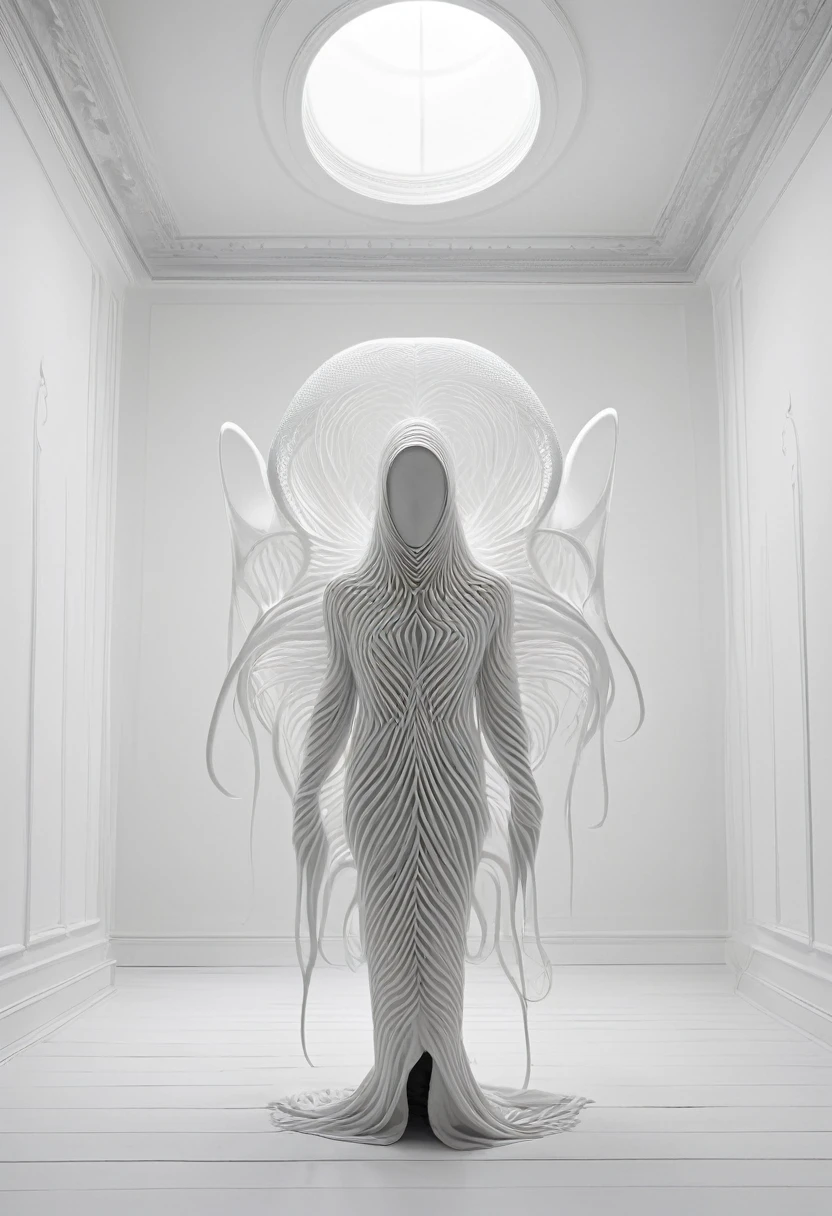 Create a mysterious creature, in white, gray, make it look really really weird weird, in a white room it should be small like 40% of the whole image, in style of the musician istasha