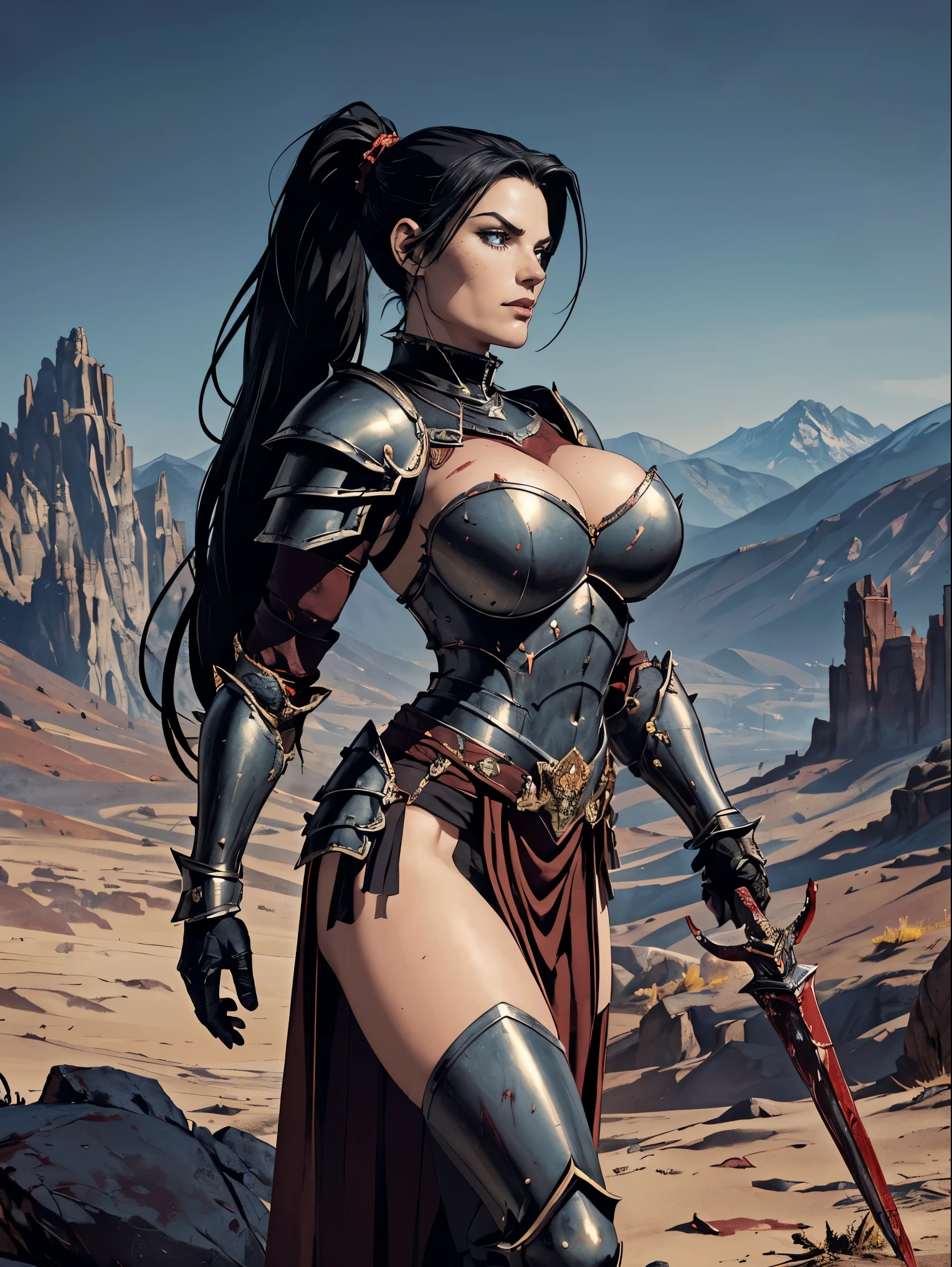 (masterpiece, top quality, best quality, official art, beautiful and aesthetic:1.2), (1girl:1.3), ((Sharp facial features, sharp features, hawkish features)), ((big hair, long black hair, ponytail)), big tiddy chaos warrior girl, extremely detailed, portrait, looking at viewer, solo, (full body:0.6), detailed background, full-body shot, (hot desert mountain theme:1.1), chaos warrior, (spiky helmet), charlatan, smirk, mysterious, swaying in mountains, armor, red metal, brass trim, long boots, dual axes, blood red fabric, pelvic curtain, loincloth, black leather, ((((armor, heavy armor, blood, armored, gigantic breasts, long legs, pelvic curtain, toned, muscular)))), cute belly button, toned tummy, slim waist, slim hips, long legs, medieval (mountain exterior:1.1) background, dark mysterious lighting, shadows, magical atmosphere, dutch angle
