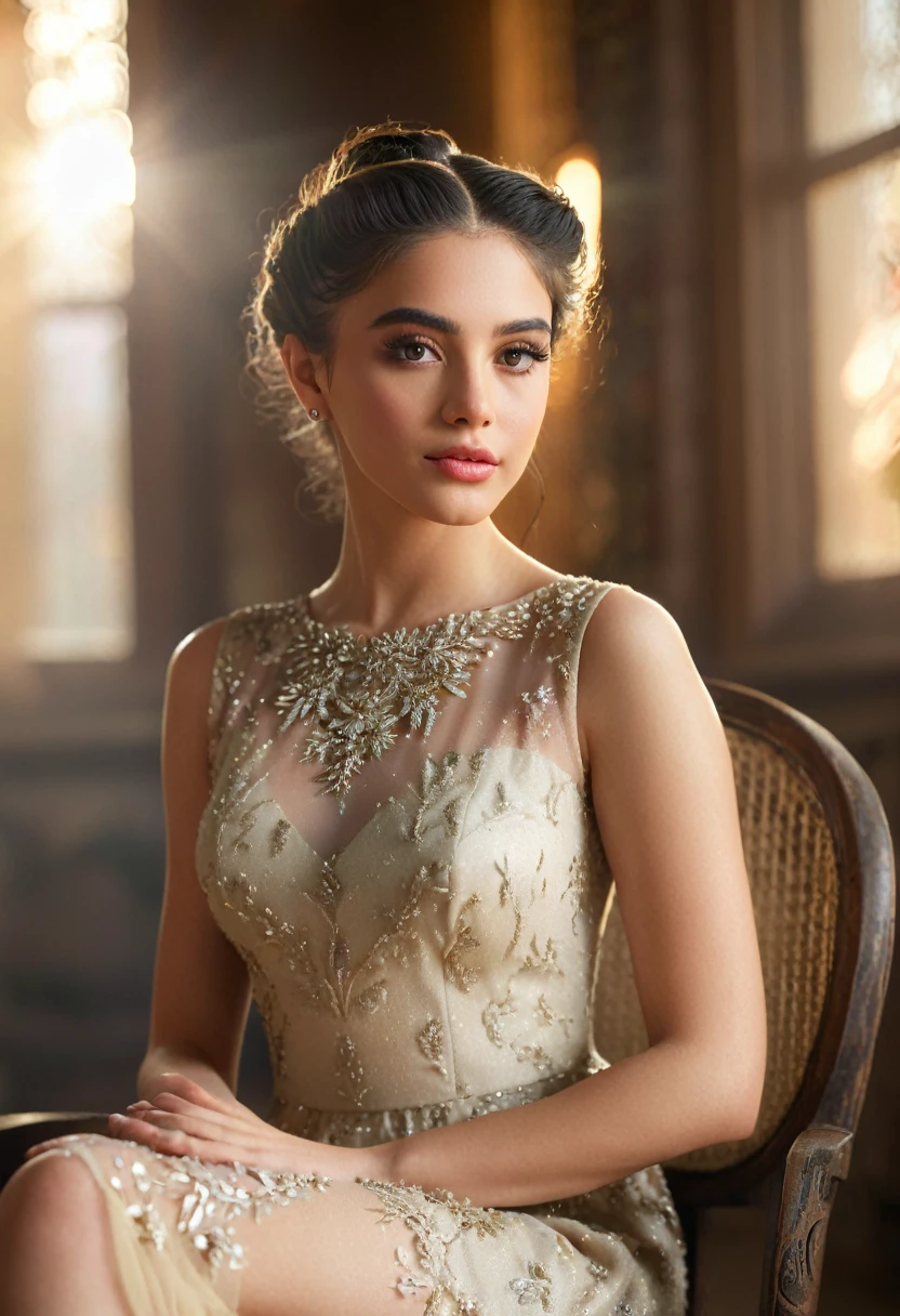 a girl sitting on a chair, beautiful detailed eyes, beautiful detailed lips, extremely detailed face and features, long eyelashes, intricate hairstyle, delicate hands, elegant dress, serene expression, natural light, warm color palette, cinematic lighting, highly detailed, photorealistic, masterpiece, 8k, intricate details, hyper realism, beautiful background