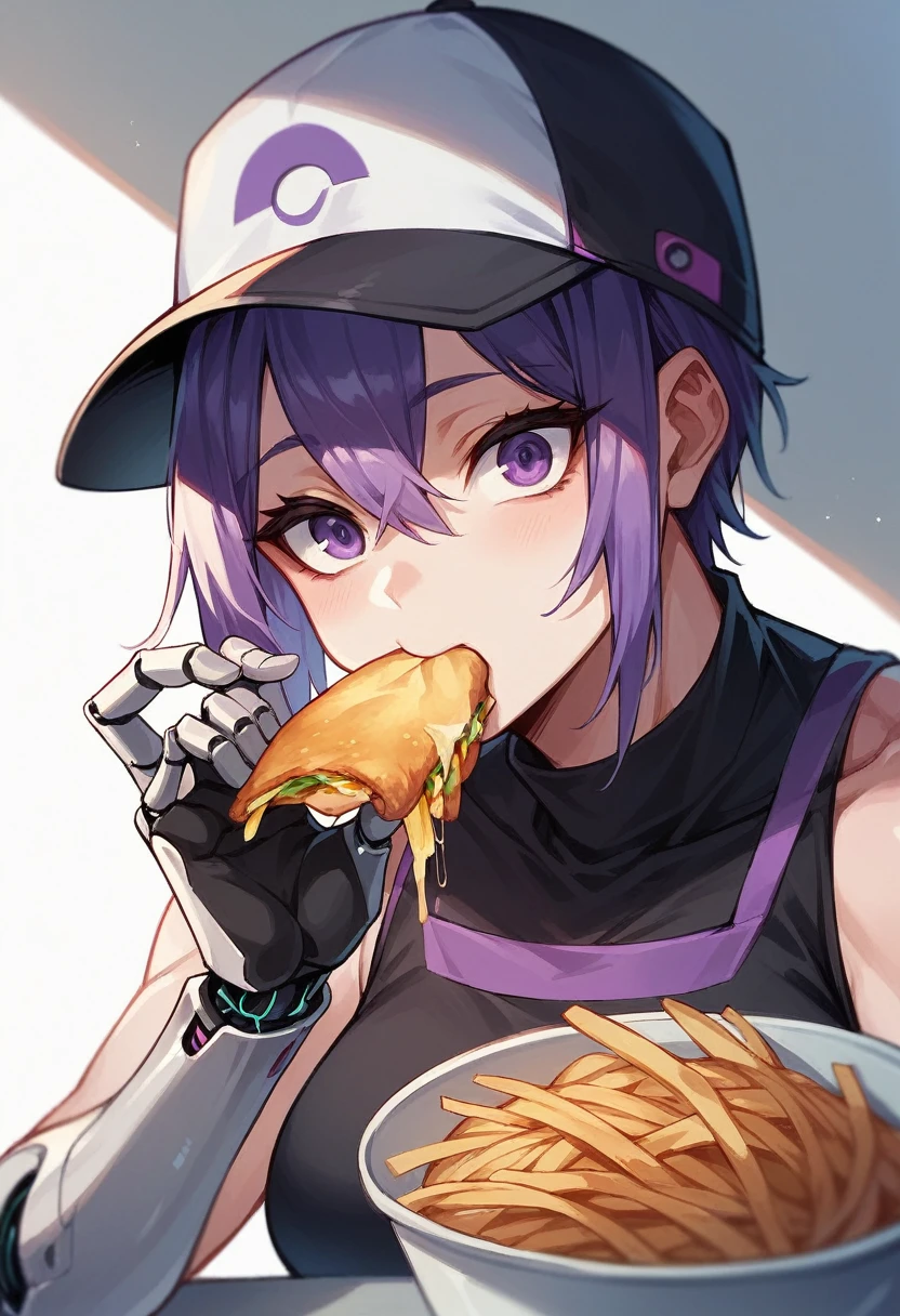 to use, android, robot, mechanical arm, bright, purple eyes, purple hair, cap, eat french fries 