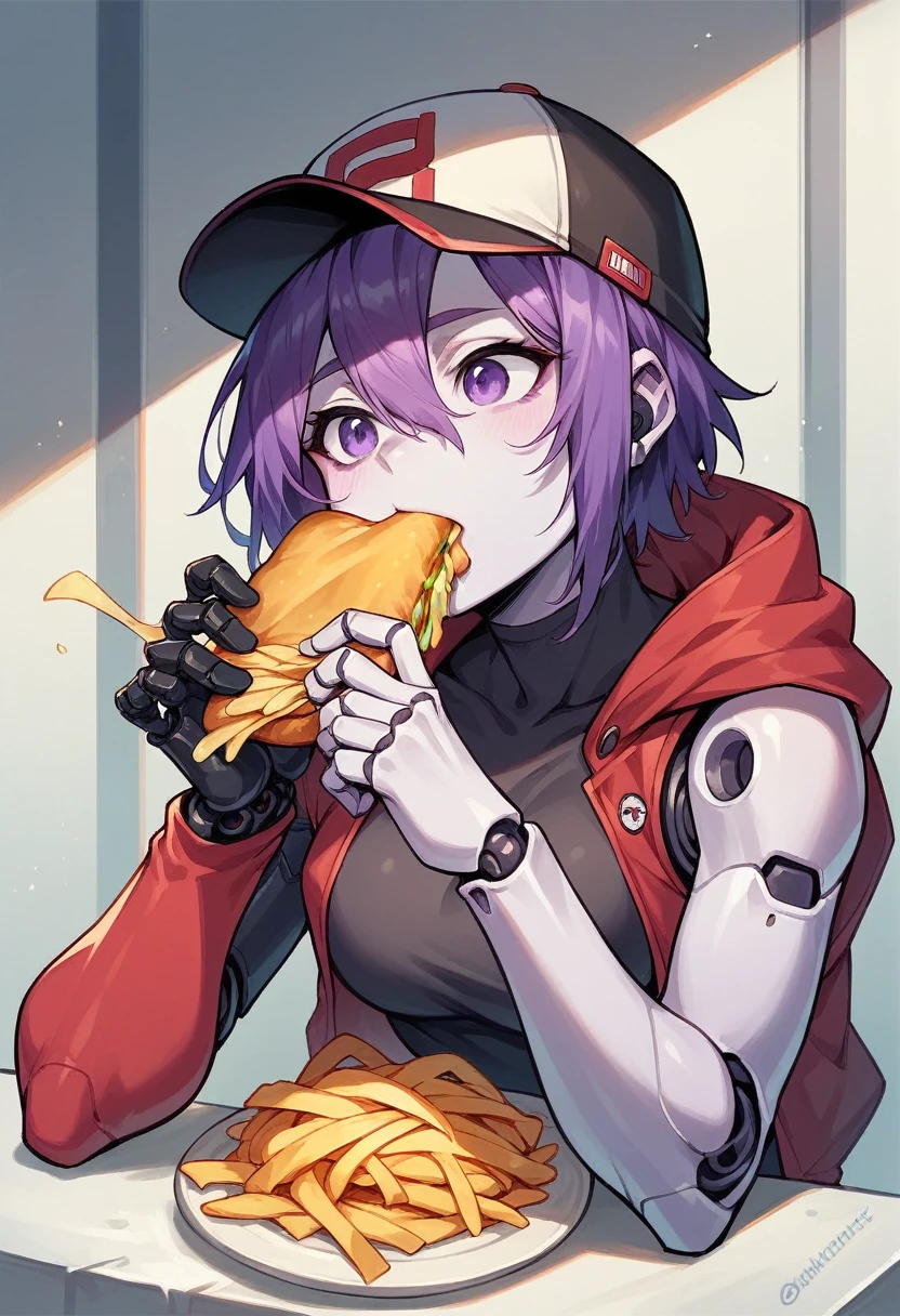 to use, android, robot, mechanical arm, bright, purple eyes, purple hair, cap, eat french fries