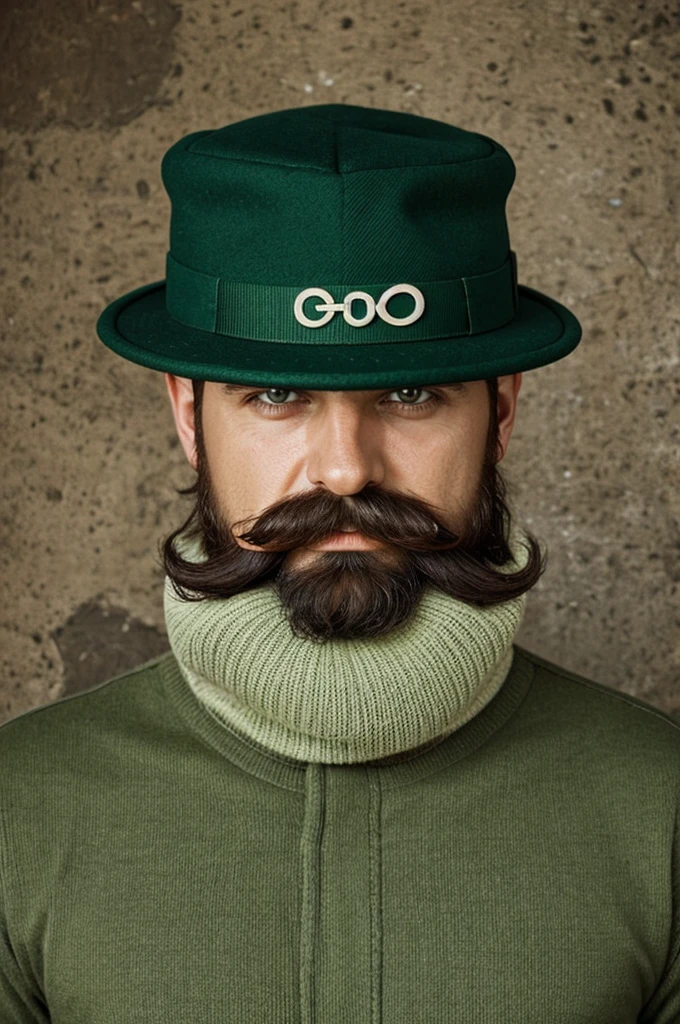 Create the letter O "No people" with green cap and mustaches 