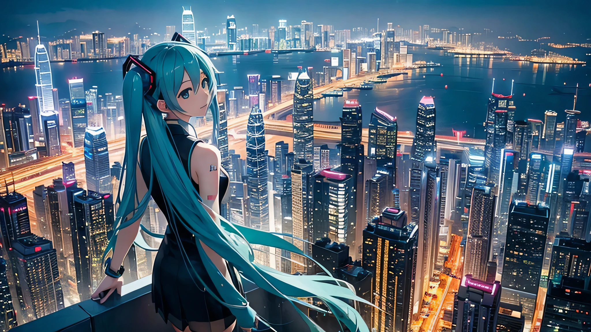 Against the backdrop of a city like Hong Kong with its skyscrapers、Depicts Hatsune Miku's journey through the labyrinth of doubt。She's fighting the shadows、Step by step towards a brighter future。A thunderous bass line rang out all around.、A scene that exudes hope and strength。
