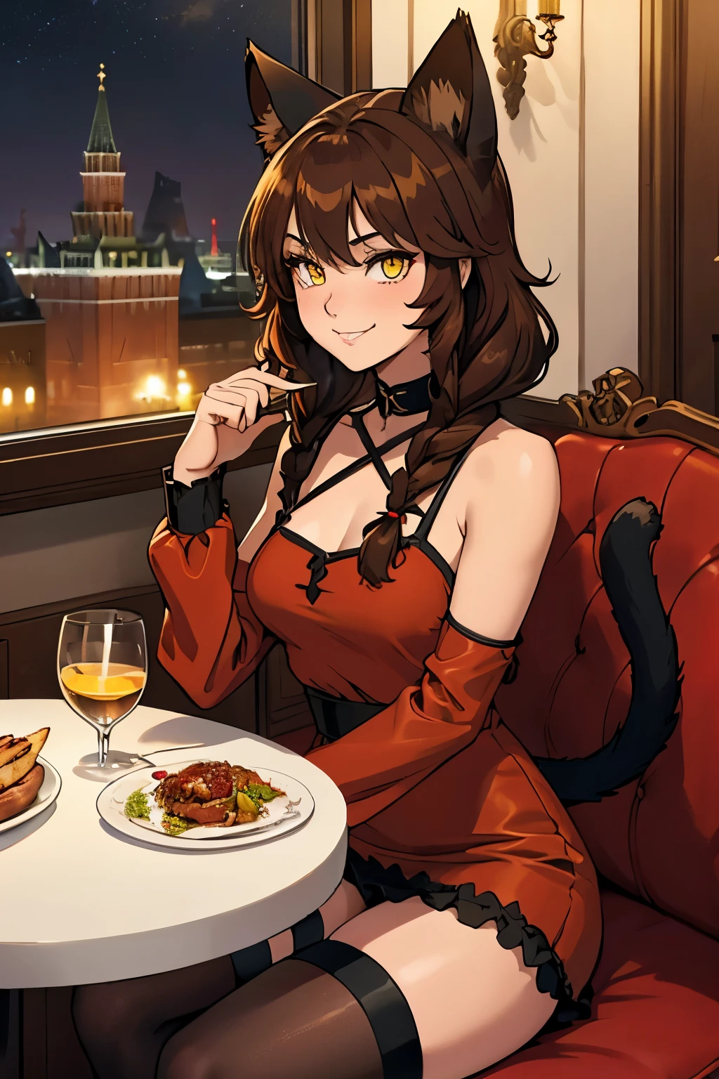 ....... , smile Cat girl ( cat ears, shaggy medium length brown hair with one 1 short braid, brown cat tail, yellow eyes, ))))............... Sexy red red dress.... Black black black stockings.... having dinner at a luxurious restaurant overlooking Red Square and the Moscow Kremlin in Moscow
