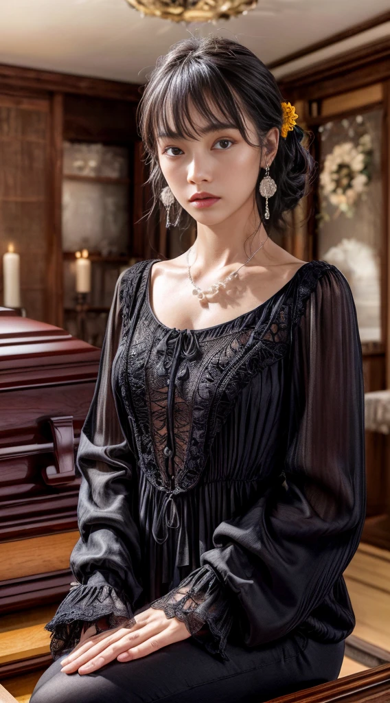 Cowboy Shot、(Hairstyle with bangs)、straggling hair、Black Hair、(Hanging Hair)、((widow))、((mourning dress))、((((Black long sleeve mourning clothes))))、(((Japanese-style room)))、((((Funeral))))、Black formal wear、Highest quality,(RAW Photos:1.2)、(Realistic:1.4),(High resolution:1.4), 1 Girl, Written boundary depth,, Exquisitely crafted,8K, Very detailed, Perfect lighting, Spectacular Background、((Delicate painting)),(女の子の詳細なRAW Photos),(Highest quality:1.6), (超High resolution:1.5), (Realistic:1.75), 8K resolution, Canon EOS R5, 50mm, Very detailedな,Cinema Lighting,Correct finger、sit、Pearl Necklace、Pearl Earrings、(Clothing that covers the chest)、((There is a coffin))、((Minimally revealing clothing))、(The altar is decorated with a bouquet of chrysanthemums.)、candlestick、