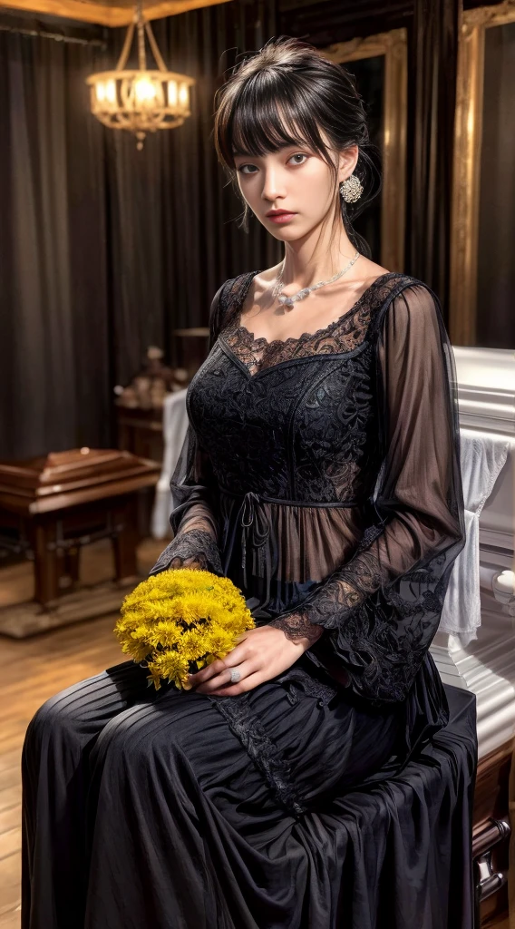 Cowboy Shot、(Hairstyle with bangs)、straggling hair、Black Hair、(Hanging Hair)、((widow))、((mourning dress))、((((Black long sleeve mourning clothes))))、(((Japanese-style room)))、((((Funeral))))、Black formal wear、Highest quality,(RAW Photos:1.2)、(Realistic:1.4),(High resolution:1.4), 1 Girl, Written boundary depth,, Exquisitely crafted,8K, Very detailed, Perfect lighting, Spectacular Background、((Delicate painting))，(女の子の詳細なRAW Photos),(Highest quality:1.6), (超High resolution:1.5), (Realistic:1.75), 8K resolution, Canon EOS R5, 50mm,  Very detailedな,Cinema Lighting,Correct finger、sit、Pearl Necklace、Pearl Earrings、(Clothing that covers the chest)、((There is a coffin))、((Minimally revealing clothing))、(The altar is decorated with a bouquet of chrysanthemums.)、candlestick、
