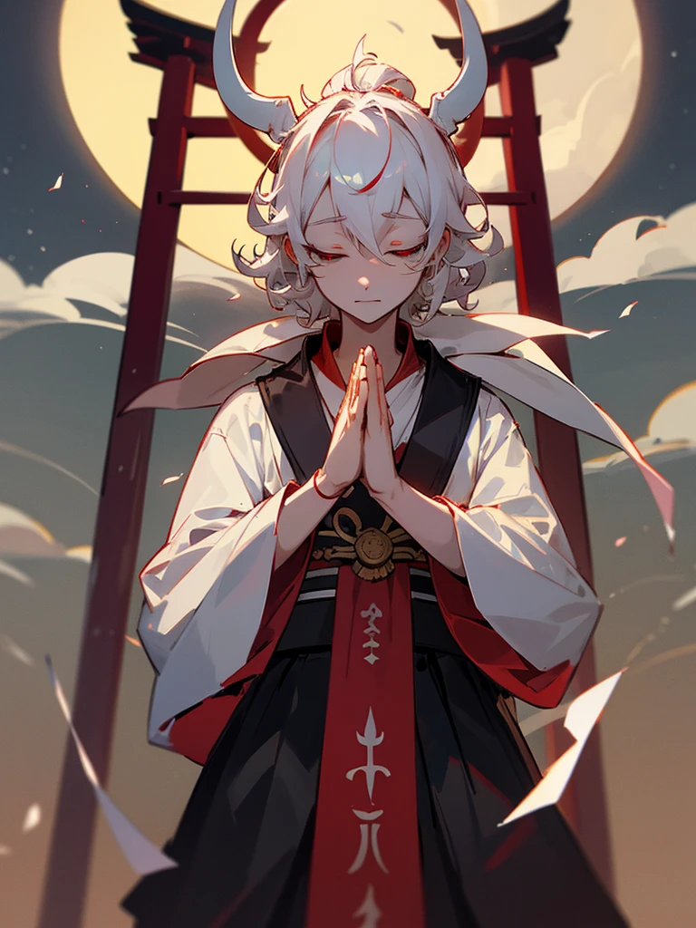 Buddha, white horns, white short curly hair, black armor, torii gate, man, full moon, hands together in prayer, evil eye