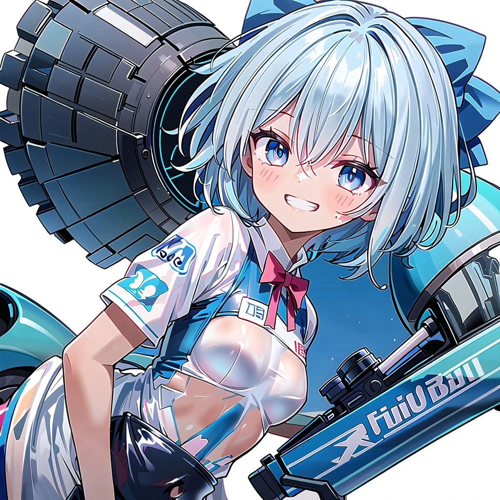 (((one girl))),(((tanned cirno))), (touhou),(((short hair,blue hair))),ice wings,(((blue eyes))),(((bangs))),(((motorcycle racing wear))),(((blue hair bow))),(((grin))),(((upper body))),(((small breasts))),(((simple white background))),(((Side angle)))