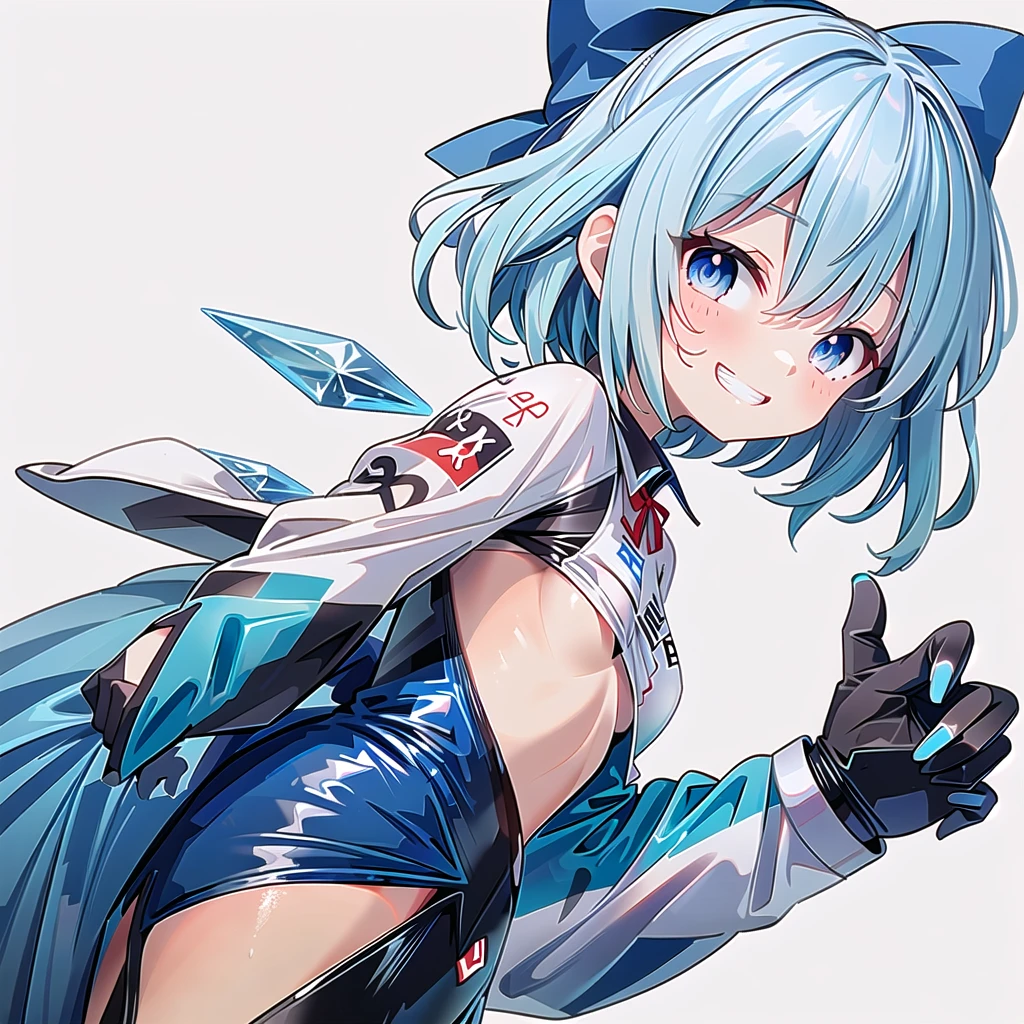 (((one girl))),(((tanned cirno))), (touhou),(((short hair,blue hair))),ice wings,(((blue eyes))),(((bangs))),(((motorcycle racing wear))),(((blue hair bow))),(((grin))),(((upper body))),(((small breasts))),(((simple white background))),(((Side angle)))