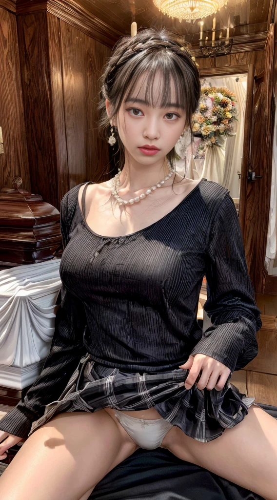 Cowboy Shot、(Updo with bangs)、straggling hair、Black Hair、(Hanging Hair)、((widow))、((mourning dress))、((((Black long sleeve mourning clothes))))、(((Japanese-style room)))、((((Funeral))))、Black formal wear、Highest quality,(RAW Photos:1.2)、(Realistic:1.4),(High resolution:1.4), 1 Girl, Written boundary depth,, Exquisitely crafted,8K, Very detailed, Perfect lighting, Spectacular Background、((Delicate painting)),(の詳細なRAW Photos),(Highest quality:1.6), (超High resolution:1.5), (Realistic:1.75), 8K resolution, Canon EOS R5, 50mm, Very detailedな,Cinema Lighting,Correct finger、sit、((Spread your legs))、((((Skirt flip))))、Bright panties、Pearl Necklace、Pearl Earrings、(Clothing that covers the chest)、((There is a coffin))、((Minimally revealing clothing))、(The altar is decorated with a bouquet of chrysanthemums..)、candlestick、