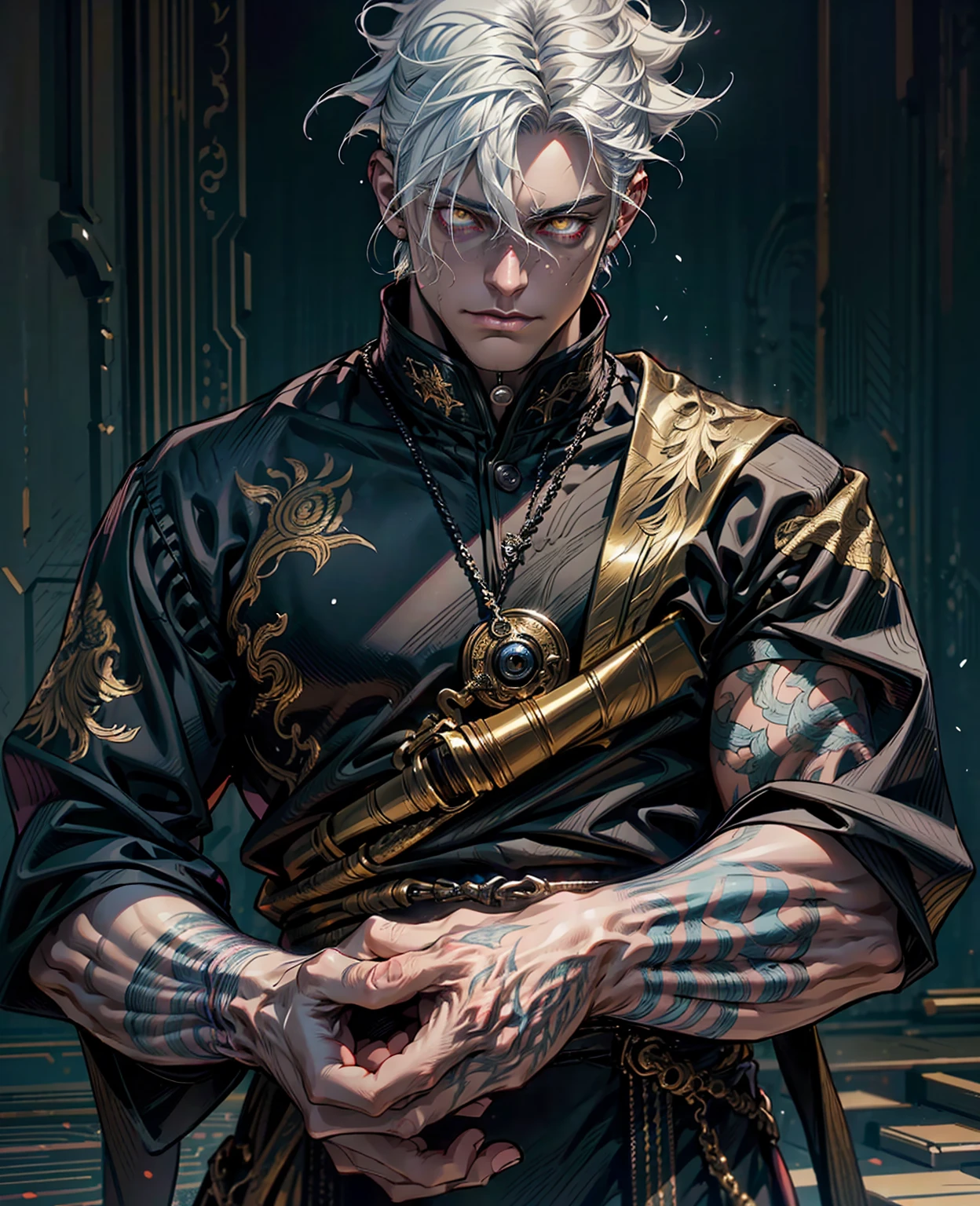a man with white hair, yellow eyes, detailed facial features, intricate details, high quality, 8k, photorealistic, studio lighting, sharp focus, physically-based rendering, vibrant colors, cinematic lighting, fantasy, dark fantasy, chiaroscuro, dramatic