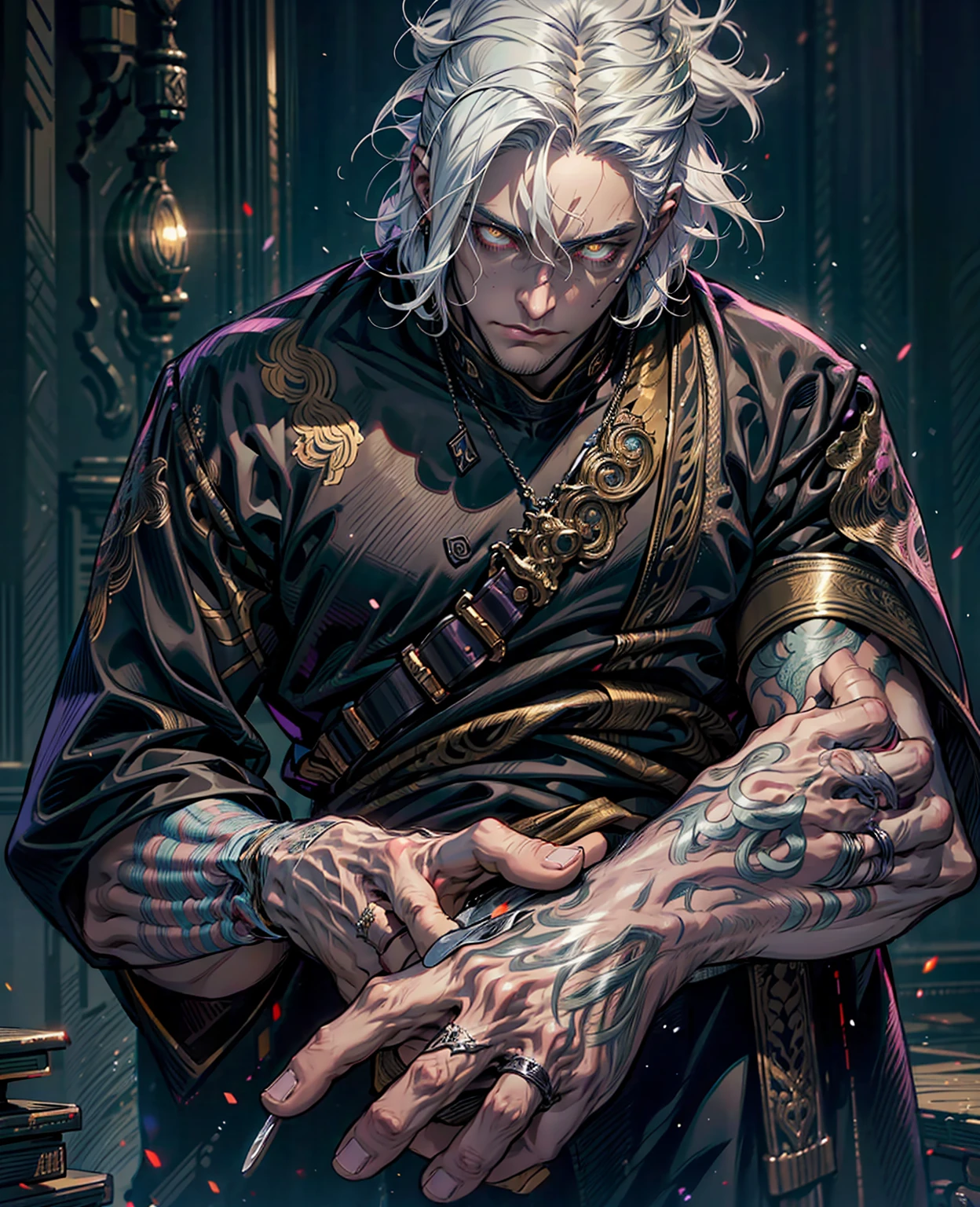 a man with white hair, yellow eyes, detailed facial features, intricate details, high quality, 8k, photorealistic, studio lighting, sharp focus, physically-based rendering, vibrant colors, cinematic lighting, fantasy, dark fantasy, chiaroscuro, dramatic