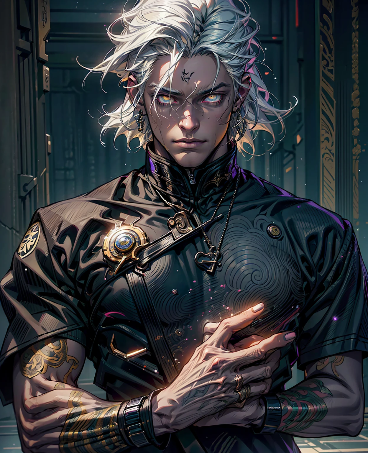 a man with white hair, yellow eyes, detailed facial features, intricate details, high quality, 8k, photorealistic, studio lighting, sharp focus, physically-based rendering, vibrant colors, cinematic lighting, fantasy, dark fantasy, chiaroscuro, dramatic