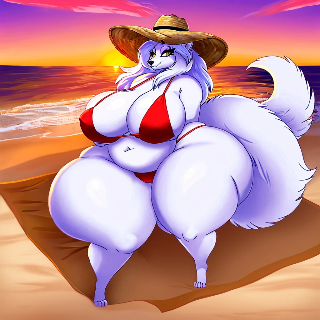 Arctic wolf, female, long messy hair, huge breasts, huge hips, huge thighs, plump, voluptuous, fat legs ,bikini, sunset,beach , gorgeous, beautiful, eyelashes, french flag bikini, huge thighs, sombrero , chubby ,big tail