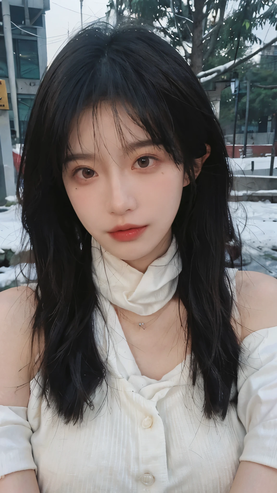 Portrait photography,1 girl,snow,Snow Scene,Heavy makeup,Bare shoulders,Lipstick,(Big breasts:1.4),Shoulder-Length Wavy Hair,Wear a necklace,scarf,Earring short sleeves,serene,calm,(Realistic and detailed eyes,Natural skin texture,Realistic facial details),