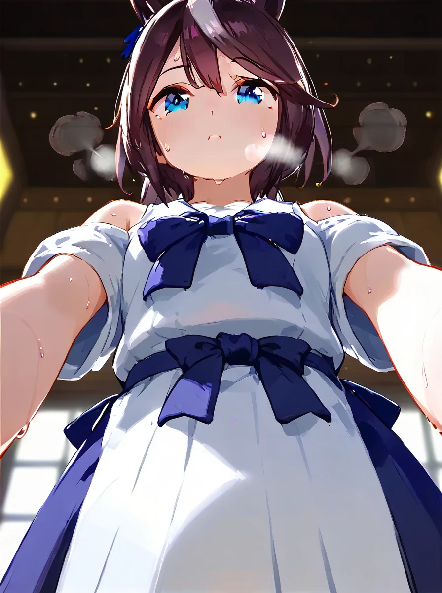  (nsfw:1.2),masterpiece, best quality, realistic, RAW photo, photorealistic, photography, cinematic lighting, fine art, super fine illustration, 1girl, Solo, Japanese idol, Japanese princess, 17 years oldr, cute, pretty, beautiful, perfect face, perfect anatomy, (detailed drooping eyes:1.2), nsfw, Tank top, short T-shirt with an open collar, dark blue hakama, Japanese-style room, sitting lazily on a chair, (absent-minded state: 1.4), ((blind eyes)), off shoulder, ((dropping shoulders)), (Hanging both arms to the sides of the body), (looking away:1.4), (sweat:1.4), (breathing:1.4), steam, Break, low angle, (from front:1.8)