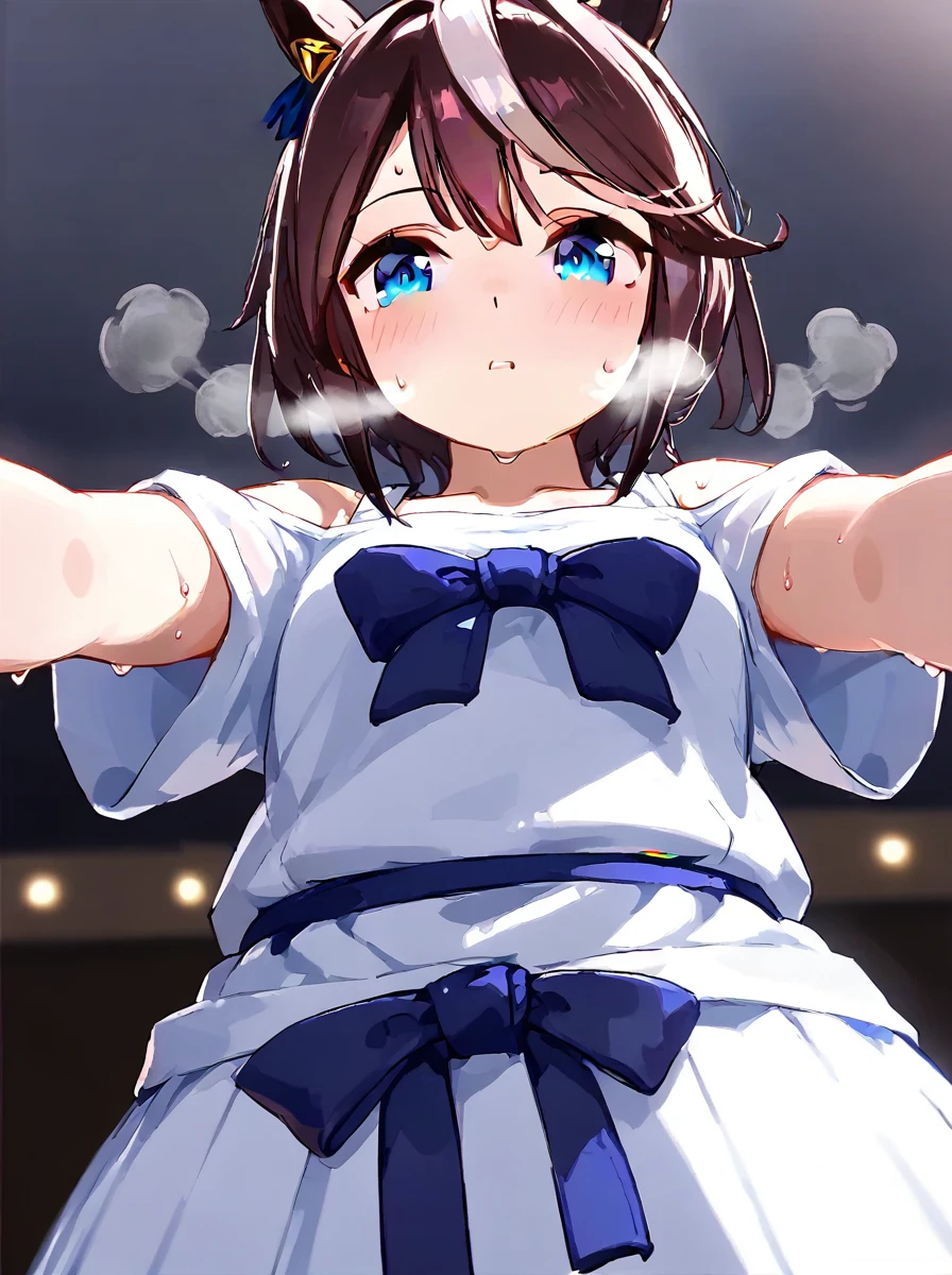  (nsfw:1.2),masterpiece, best quality, realistic, RAW photo, photorealistic, photography, cinematic lighting, fine art, super fine illustration, 1girl, Solo, Japanese idol, Japanese princess, r, cute, pretty, beautiful, perfect face, perfect anatomy, (detailed drooping eyes:1.2), nsfw, Tank top, short T-shirt with an open collar, dark blue hakama, Japanese-style room, sitting lazily on a chair, (absent-minded state: 1.4), ((blind eyes)), off shoulder, ((dropping shoulders)), (Hanging both arms to the sides of the body), (looking away:1.4), (sweat:1.4), (breathing:1.4), steam, Break, low angle, (from front:1.8)