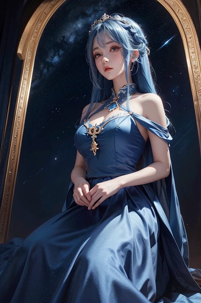 Ultra HD、A beautiful blue-haired character、Cute big eyes、prayer、Close camera angle、Red burning cheeks、Night scene with starry sky background、Wearing a gorgeous dress、Subtle details、A fantastic atmosphere、Anime style