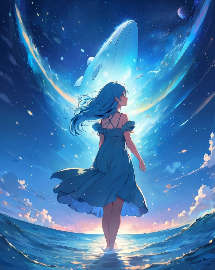 anime artwork 1girl, gorgeous, delicate, blue hair, wearing light blue dress, barefoot, looking up into sky, standing in sea, perfect face, beautiful eyes, sky is galaxy and stars, twilight, shooting meteorites, longing . anime style, key visual, vibrant, Studio Anime, highly detailed, blue, null, horizon, One girl, Whale Line