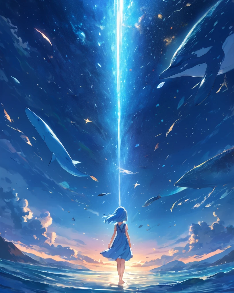 anime artwork 1girl, gorgeous, delicate, blue hair, wearing light blue dress, barefoot, looking up into sky, standing in sea, perfect face, beautiful eyes, sky is galaxy and stars, twilight, shooting meteorites, longing . anime style, key visual, vibrant, Studio Anime, highly detailed, blue, null, horizon, One girl, Whale Line