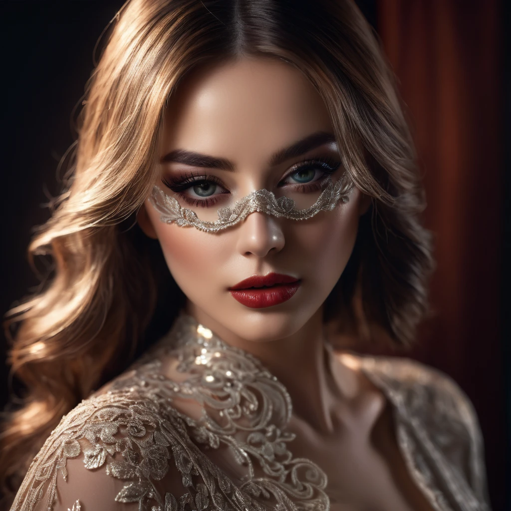 a sensual woman covering her face with a mask, (best quality,4k,8k,highres,masterpiece:1.2),ultra-detailed,(realistic,photorealistic,photo-realistic:1.37),beautiful detailed eyes,beautiful detailed lips,extremely detailed eyes and face,longeyelashes,chiaroscuro lighting,dramatic lighting,dramatic contrast,cinematic,moody,seductive pose,alluring expression,elegant dress,flowing fabric,intricate details,warm colors,soft focus,dramatic shadows,cinematic atmosphere