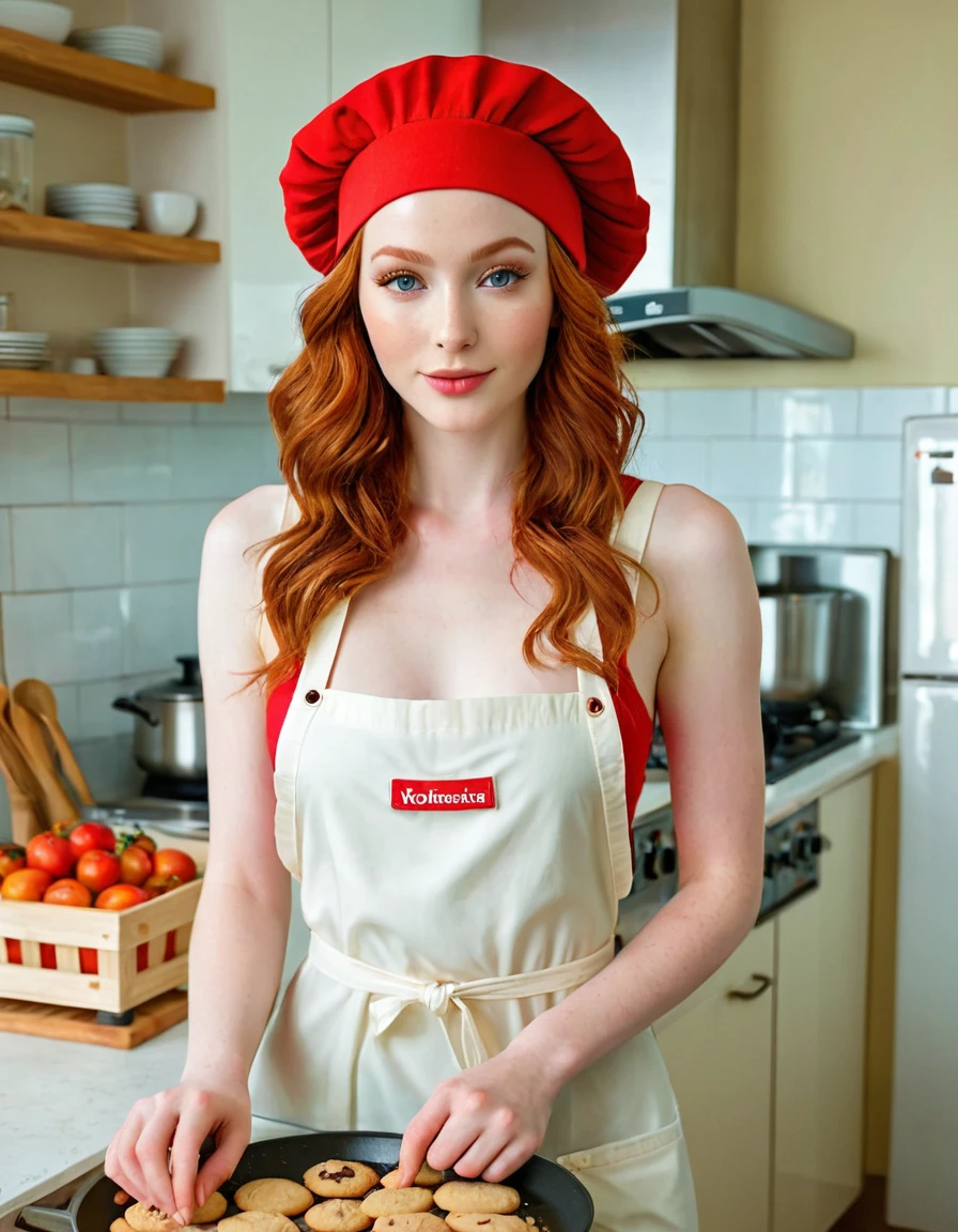 Full body photography of a beautiful realistic girl, in kitchen, Cooking cookies, Porcelain Skin, very fair skin, very pale skin, redheadwear, wavy, hypdertailed, Detail of the skin structure, hazel eyes, Slit eyes, small-nose, small nostril, think arched eyebrows, thick lower lip, seducing gaze, happy face, single face, Wear a cute dress, detailed photo, photo realist, masterpiece image, clear image, daylight inside,