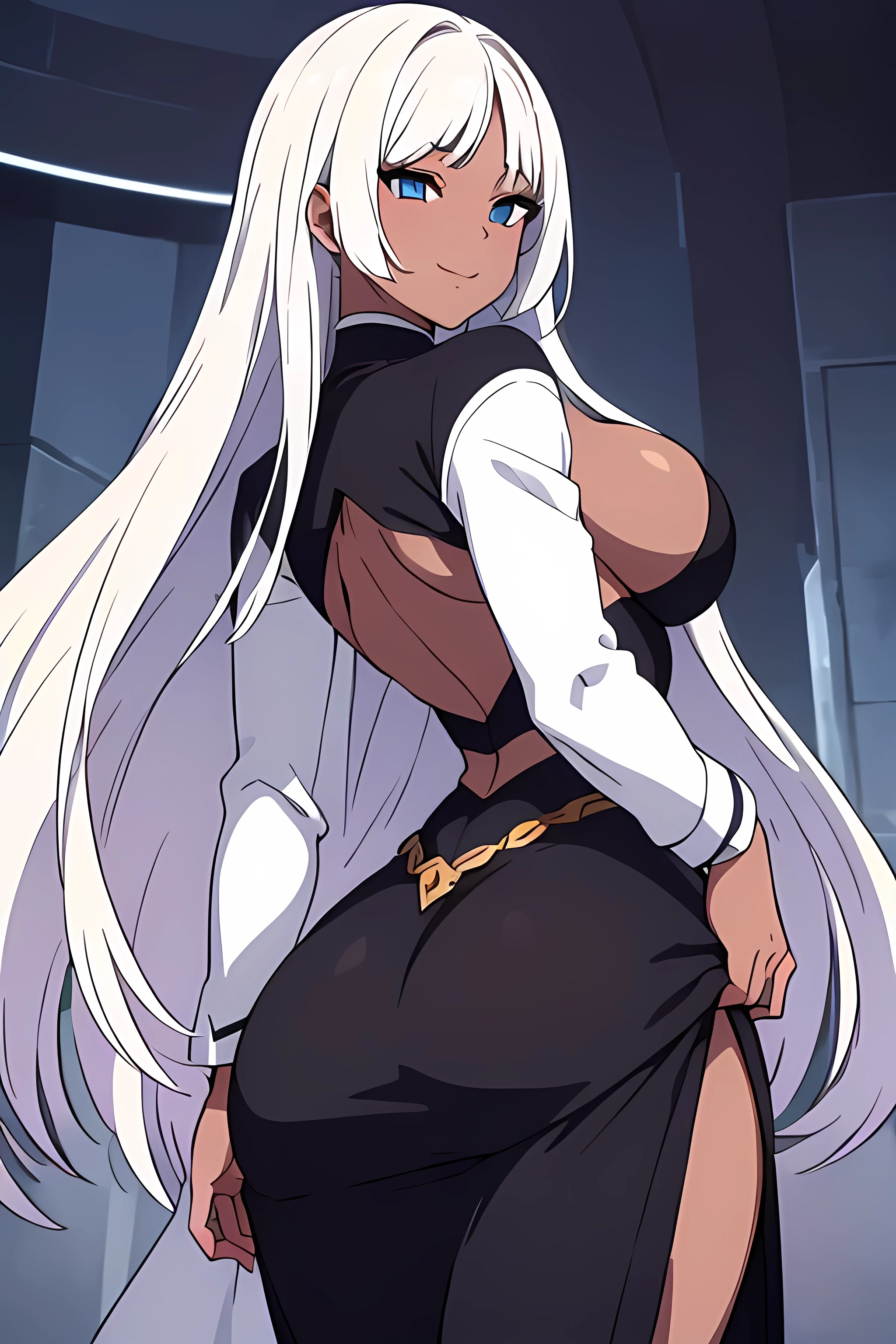 (masterpiece:1.2, best quality), (finely detailed beautiful eyes: 1.2), (extremely detailed CG unity 8k wallpaper, masterpiece, best quality, ultra-detailed), (masterpiece, best quality:1.2), 1girl, female solo, big breasts, rounded breasts, shining breasts, perfect eyes, perfect face, perfect body, seductive, smile, looking at viewer, cleavage, thick body, ebony, white hair, black skin color, black woman, black person, from behind, ass, rounded ass, we saw her ass