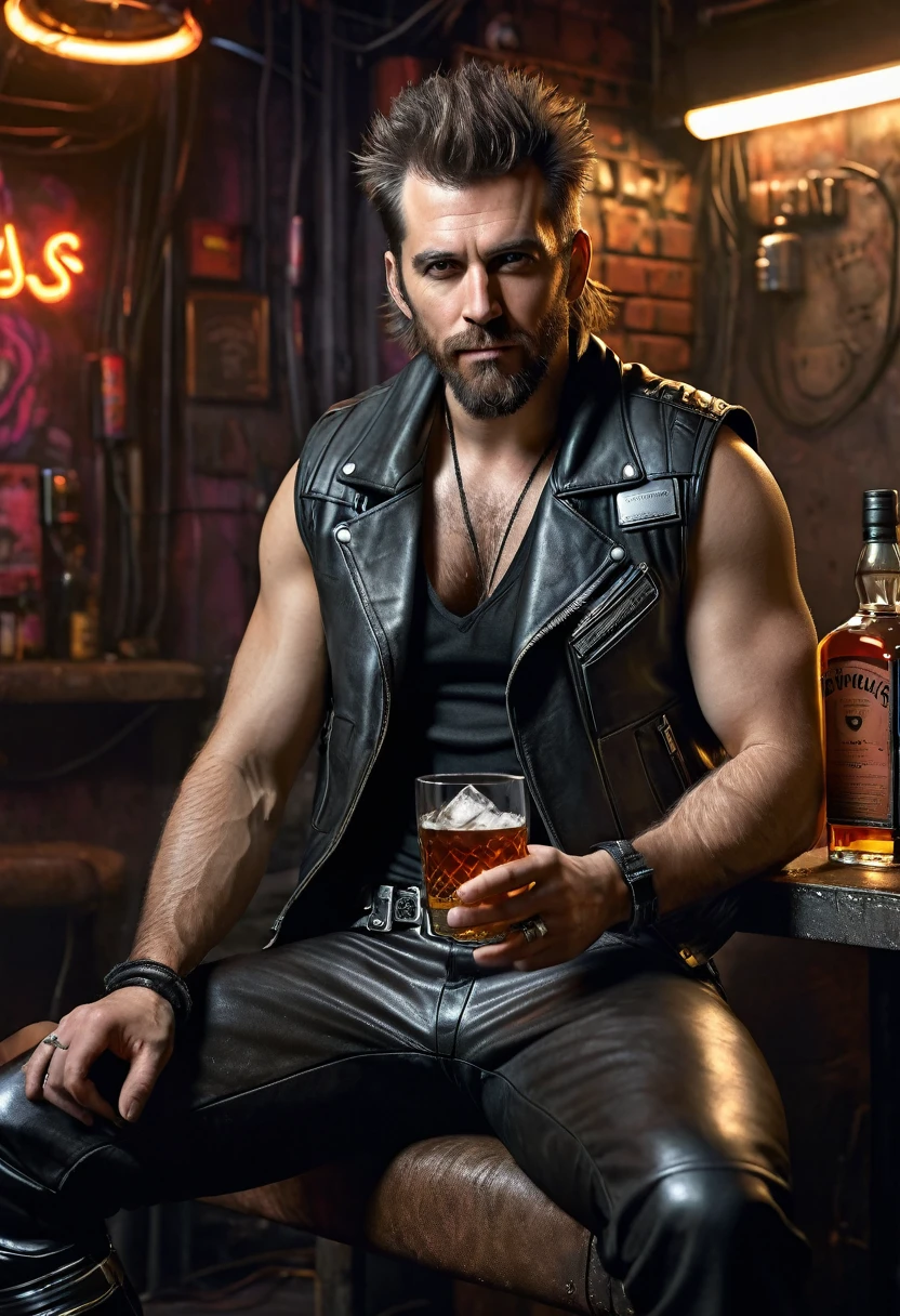 Hyperrealistic art 1man,age:35,hairy body,leather vest and leather pants,sitting in a cyberpunk room,holding a whiskey glass,sultry,exuding homoerotic energy,hyper realistic,photograph,soft lighting, . Extremely high-resolution details, photographic, realism pushed to extreme, fine texture, incredibly lifelike