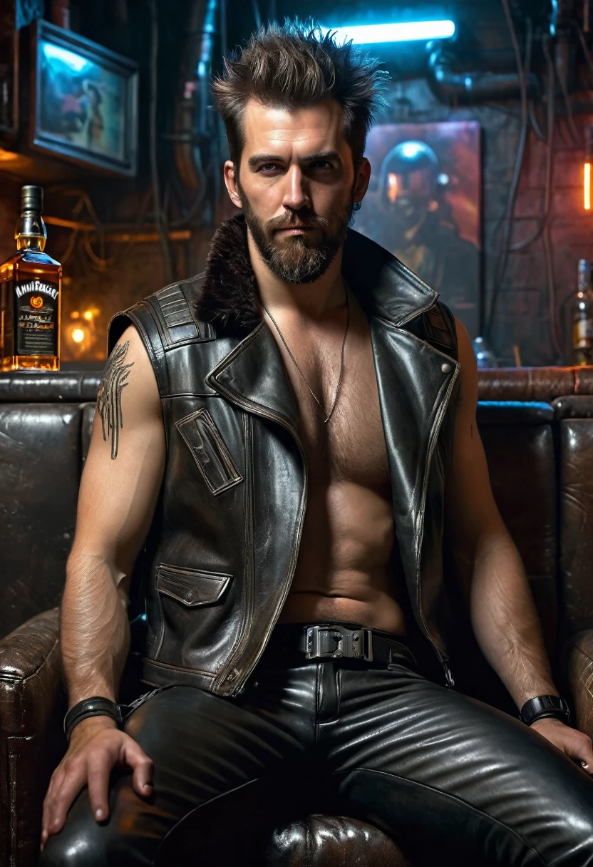 Hyperrealistic art 1man,age:35,hairy body,leather vest and leather pants,sitting in a cyberpunk room,holding a whiskey glass,sultry,exuding homoerotic energy,hyper realistic,photograph,soft lighting, . Extremely high-resolution details, photographic, realism pushed to extreme, fine texture, incredibly lifelike