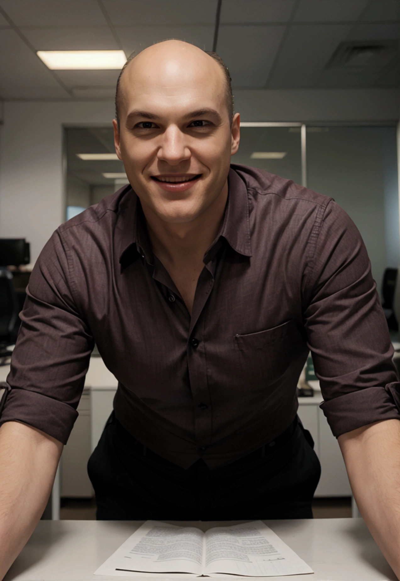 A Lex Luthor in an office drinking a Martini, Smiling, photoreal