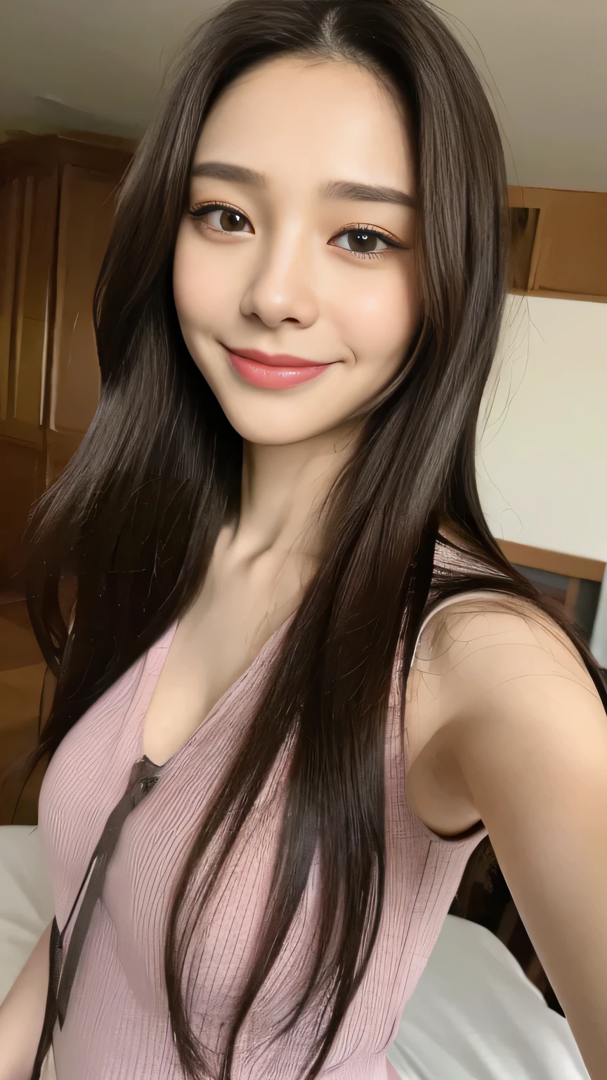 seed:2020674263.((Full body angle:1.1)).((Highest quality, 8K, masterpiece:1.3)), ((from below:1.1)).concentrated:1.2, Perfect body beauty:1.4, Hips:1.2, ((Delicate Hair)), (Colorful T-shirts、Shorts、pajamas :1.1) , ((Highest quality、、masterpiece:1.3))、1girl、A sloppy smile、Esbian all over、Slim face、Big Boobs、Beautiful woman、(Dark Brown Hair)、Long Hair、1、Flickering Valley、Detailed eyes、double eyelid、Blurred Background、超Slim face、Smile、Looking down、Bedroom、