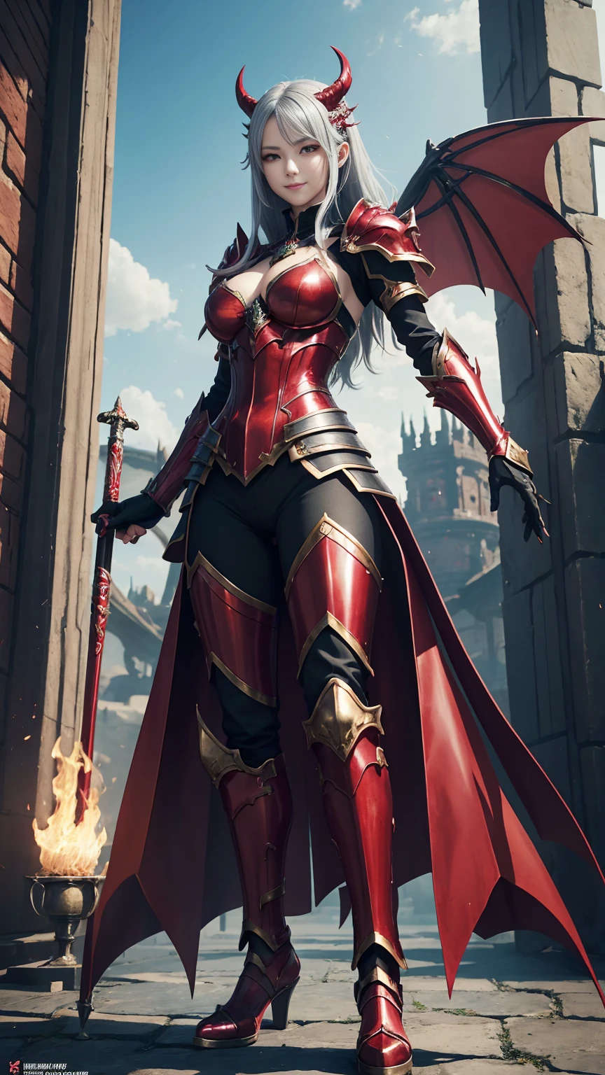 ((Full-length photo, standing, feet on the ground)) 8K、Chest armor with a red and black flame motif,An enchanting succubus wearing luxurious red armor.、A long pants with a luxurious red and black flame motif,A Arafed woman poses for a photo with a sword and armor、Beautiful wavy silver hair、Large full breasts、Chest armor with flame motif (red and silver)2。5 d cgi anime fantasy art、Fan Art Best ArtStation、Detailed Digital Anime Art、detailed fantasy art、8k fantasy art、digital fantasy art)、wlop rossdraws、artstation chengwei bread、girl in armor、epic fantasy art style、a beautiful succubus、Charming、Beautiful fangs、looking at the spectators、one captivating look、a smile、

