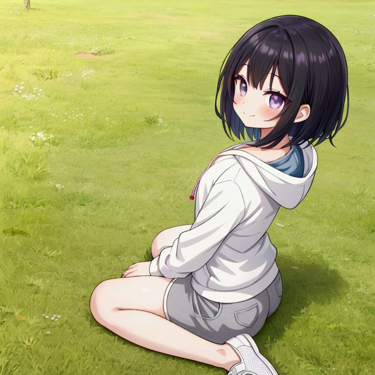 Anime-style image of a girl sitting on the grass in a park, (wariza, sitting), purple eyes, Girl with short black hair, bob hair, Cute girl anime visuals, cheerful smile, look back at me from above, Anime Moe Art Style, Smooth anime CG art, Anime Style 4k, White hoodie、gray short pants, slender body, Hands tucked between thighs, beautiful thighs, gray sneakers