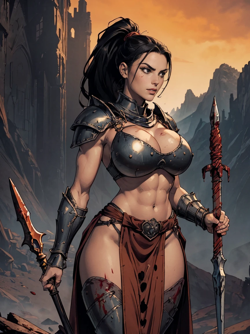 (masterpiece, top quality, best quality, official art, beautiful and aesthetic:1.2), (1girl:1.3), ((Sharp facial features, sharp features, hawkish features)), ((pale skin, orange eyes, big hair, long black hair, ponytail)), big tiddy chaos warrior girl, extremely detailed, portrait, looking at viewer, solo, (full body:0.6), detailed background, full-body shot, (hot desert mountain theme:1.1), chaos warrior, (spiky helmet), charlatan, smirk, mysterious, swaying in mountains, armor, red metal, brass trim, long boots, blood red fabric, pelvic curtain, loincloth, black leather, ((((spear, heavy armor, blood, blood splatter, armored, gigantic breasts, long legs, pelvic curtain, toned, muscular)))), cute belly button, toned tummy, slim waist, slim hips, long legs, medieval (mountain exterior:1.1) background, dark mysterious lighting, shadows, magical atmosphere, dutch angle