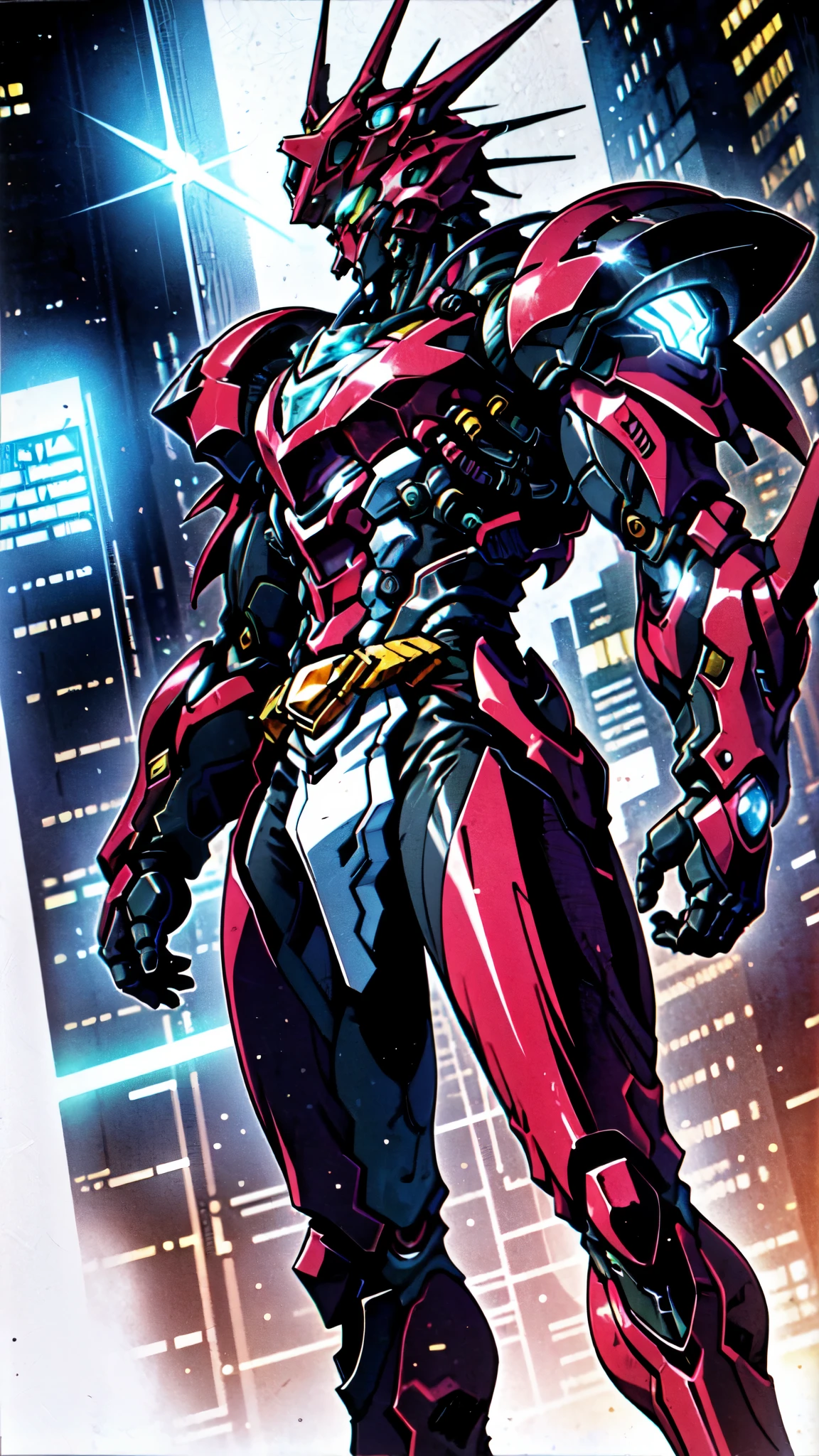 (masterpiece:1.5, best quality:1.5, extremely delicate:1.5, foreshortening:1.5, dynamic angle:1.5), a man wearing a full-face helmet, a fantasy-style biotech armored combat suit, green eyes, (a composite layered chest armor), fully enclosed shoulder guards, matching arm and leg guards, the belt is adorned with neon circuitry, (the color scheme is primarily red with white green accents), the design balances heavy with agility, a high-tech bio-mecha armor, (Armor Concept Inspired by neon Cyberpunk, stand on the top of a skyscraper in a futuristic sci-fi city), this character embodies a finely crafted fantasy-surreal style armored hero in anime style, exquisite and mature manga art style, (element, plasma, energy, the armor glows), ((male:1.5)), metallic, high definition, highres, ultra-detailed, ultra-fine painting, professional, perfect body proportions, golden ratio, anatomically correct, symmetrical face, extremely detailed eyes and face, high quality eyes, creativity, RAW photo, UHD, 32k, Natural light, cinematic lighting, masterpiece-anatomy-perfect