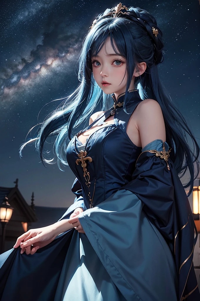 Ultra HD、A beautiful blue-haired character、Cute big eyes、Red burning cheeks、Night scene with starry sky background、church、Praying、Wearing a gorgeous dress、Subtle details、A fantastic atmosphere、Anime style