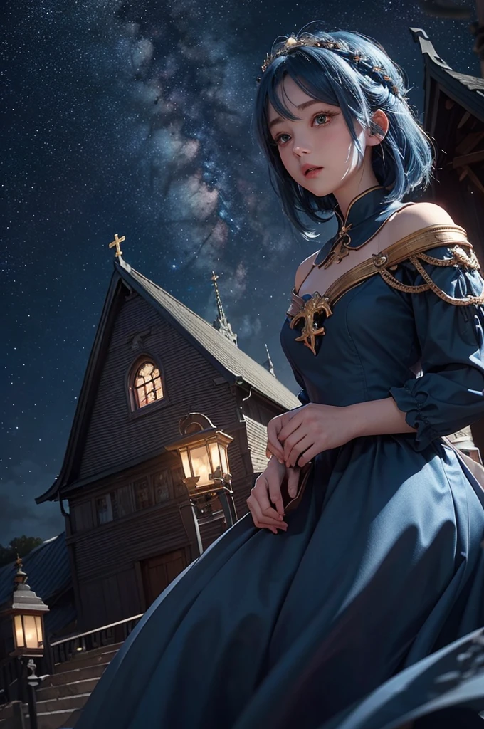 Ultra HD、A beautiful blue-haired character、Cute big eyes、Red burning cheeks、Night scene with starry sky background、church、Praying、Wearing a gorgeous dress、Subtle details、A fantastic atmosphere、Anime style