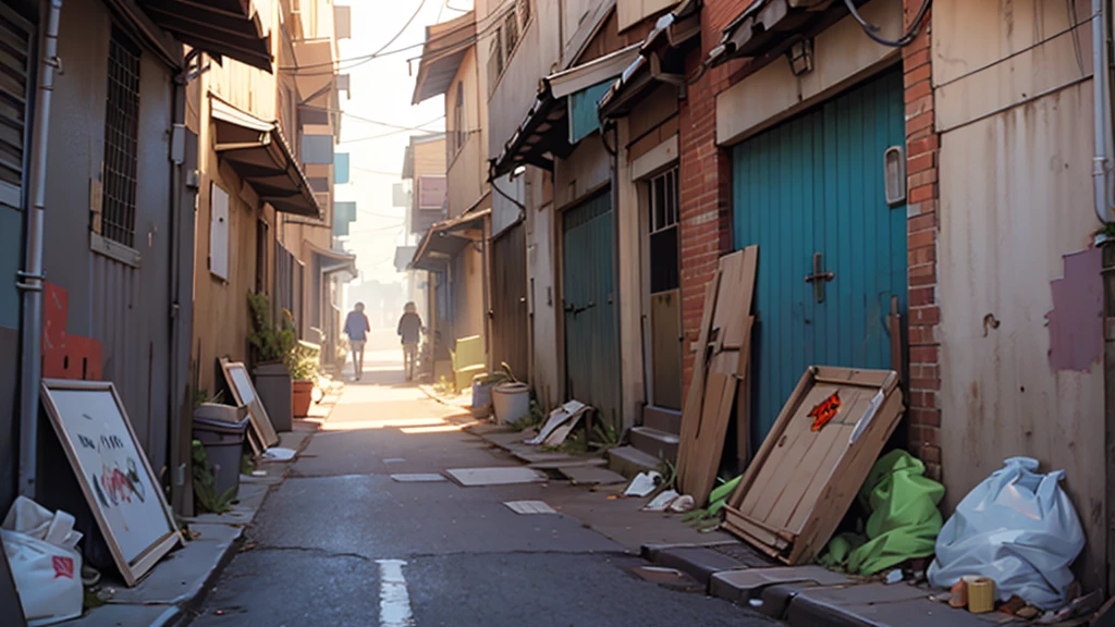 ((best quality)), ((artwork)), ((detailed)), dirty dead-end alley filled with trash