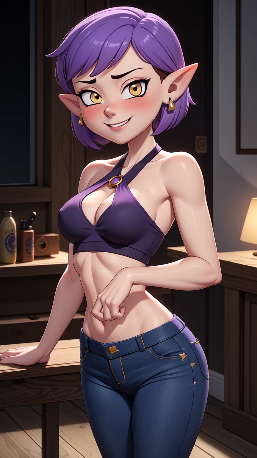 (masterpice, best quality), AmityBlight, short height, young, makeup, black earrings, yellow eyes, short hair, (purple hair:1.4), pointed ears, (((halter top))), small breasts, (cleavage),amulet, (tight jeans), standing, looking at viewer, seductive smile, naughty face, nose blush