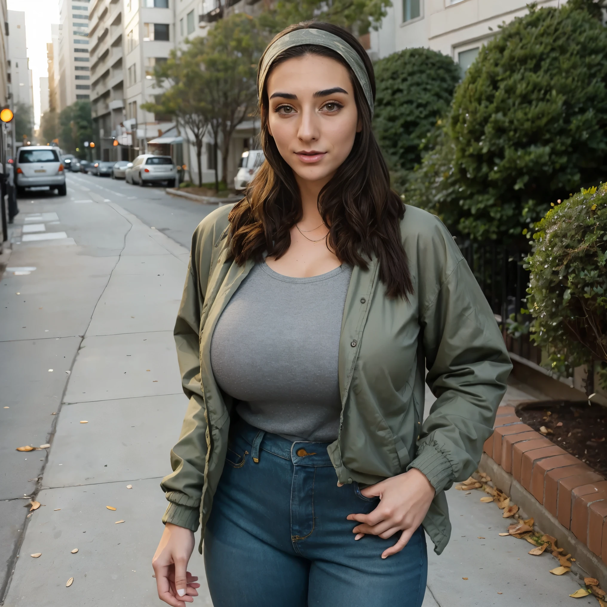 Extremely busty thin and toned brunette photographer, college girl, fair skin, loose side sweep, soft face, athletic, bandana babushka headwrap, tight olive green casual windbreaker, skinny jeans. standing in front of her apartment building, outdoors, city, camera bag, cleavage