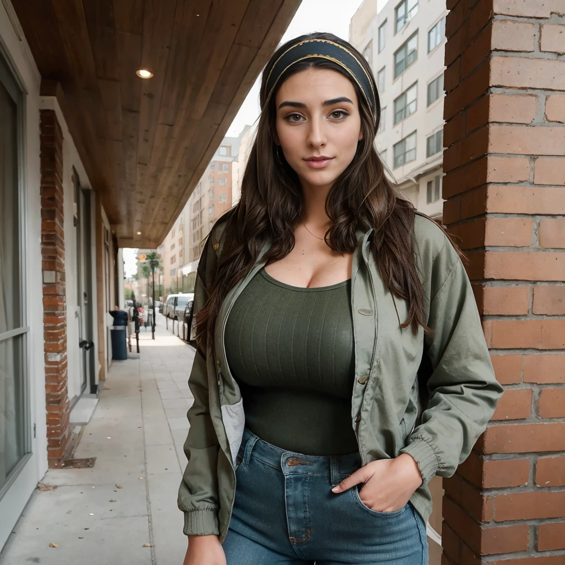 Extremely busty thin and toned brunette photographer, college girl, fair skin, loose side sweep, soft face, athletic, bandana babushka headwrap, tight olive green casual windbreaker, skinny jeans. standing in front of her apartment building, outdoors, city, camera bag, cleavage